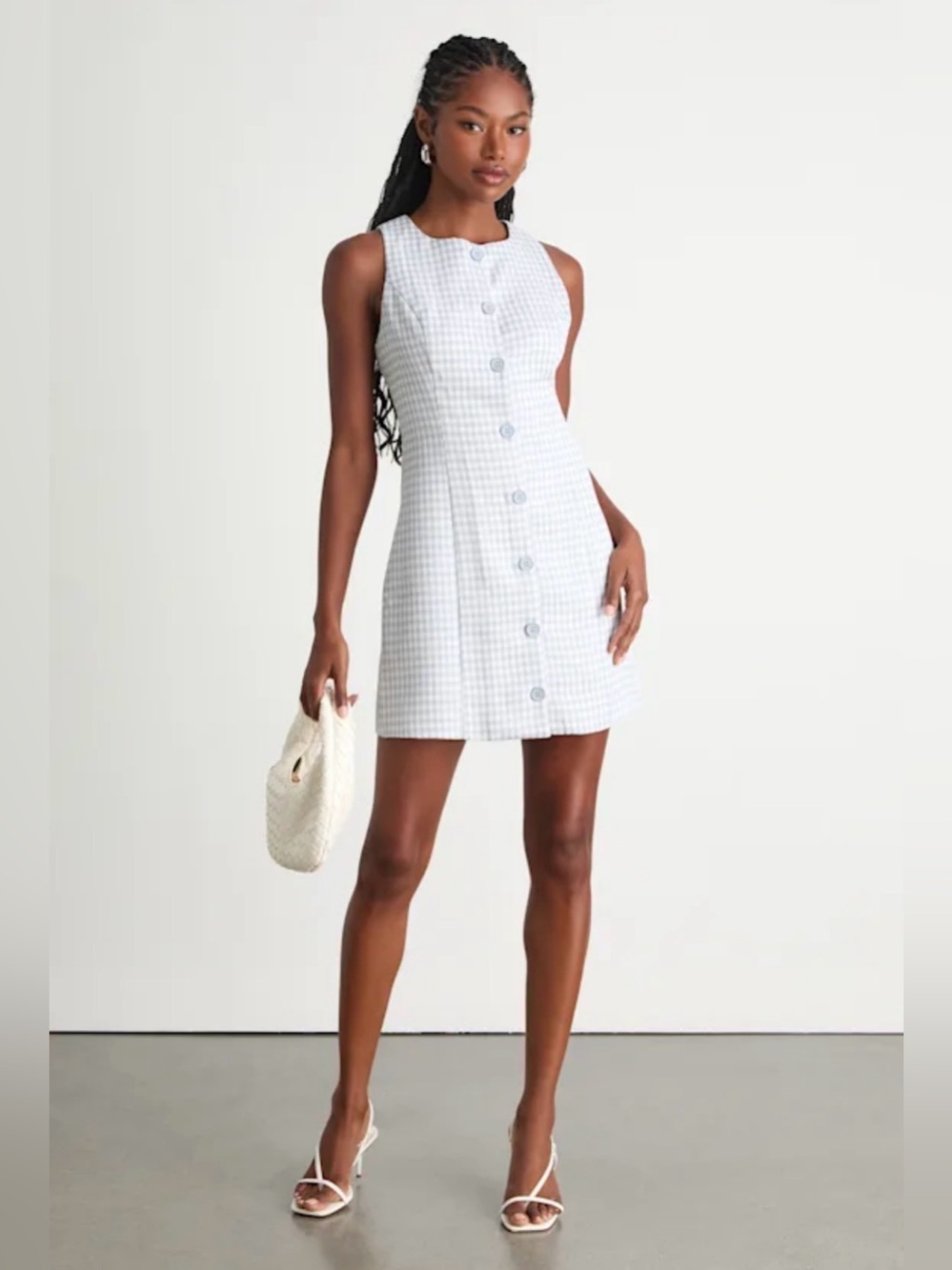 NWT Lulus Light Blue Gingham Tweed Button-Front Mini Dress | Size L